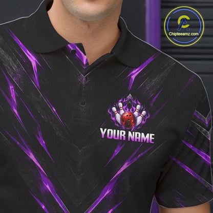 Custom Men Bowling Polo Shirt, Purple Flame Bowling Shirt, Personalized Name Team Bowling Polo NHT1570