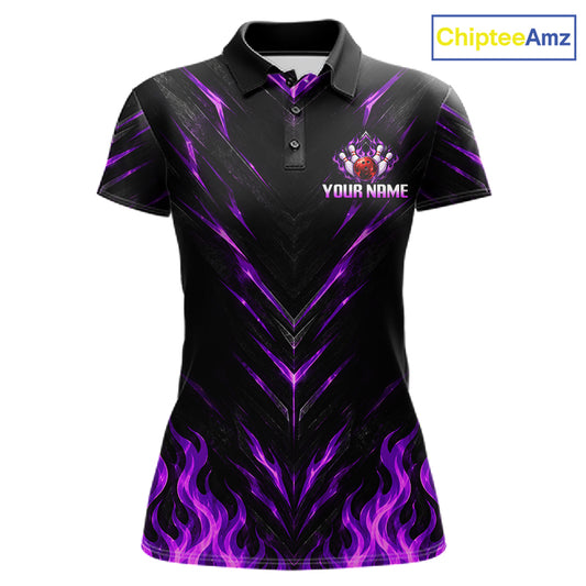 Custom Women Bowling Polo Shirt, Purple Flame Bowling Shirt, Personalized Name Team Bowling Polo NHT1570