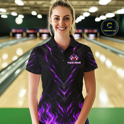 Custom Women Bowling Polo Shirt, Purple Flame Bowling Shirt, Personalized Name Team Bowling Polo NHT1570