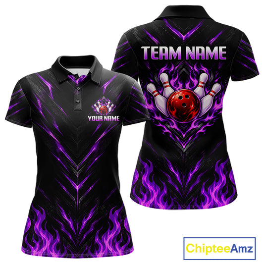 Custom Women Bowling Polo Shirt, Purple Flame Bowling Shirt, Personalized Name Team Bowling Polo NHT1570