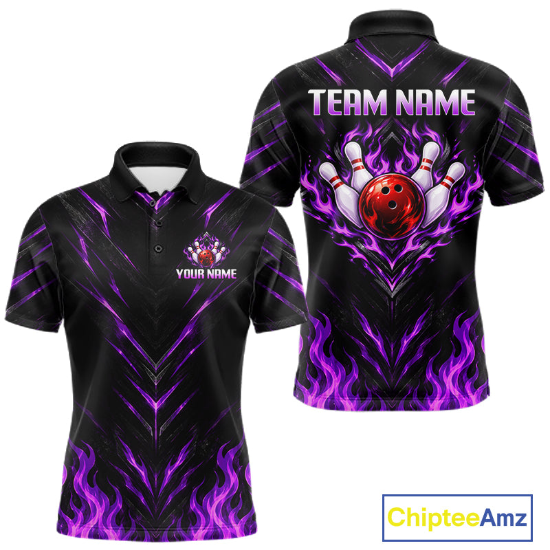 Custom Men Bowling Polo Shirt, Purple Flame Bowling Shirt, Personalized Name Team Bowling Polo NHT1570