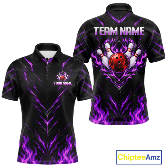 Custom Men Bowling Polo Shirt, Purple Flame Bowling Shirt, Personalized Name Team Bowling Polo NHT1570