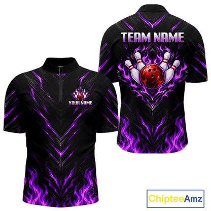 Custom Men Bowling Polo Shirt, Purple Flame Bowling Shirt, Personalized Name Team Bowling Polo NHT1570