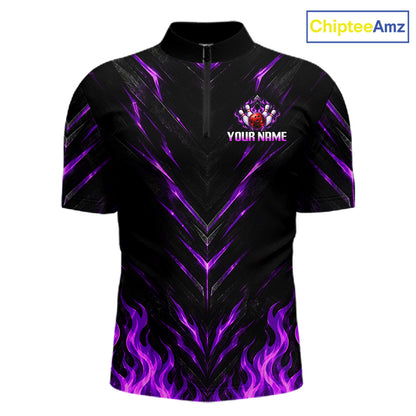 Custom Men Bowling Polo Shirt, Purple Flame Bowling Shirt, Personalized Name Team Bowling Polo NHT1570