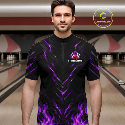 Custom Men Bowling Polo Shirt, Purple Flame Bowling Shirt, Personalized Name Team Bowling Polo NHT1570