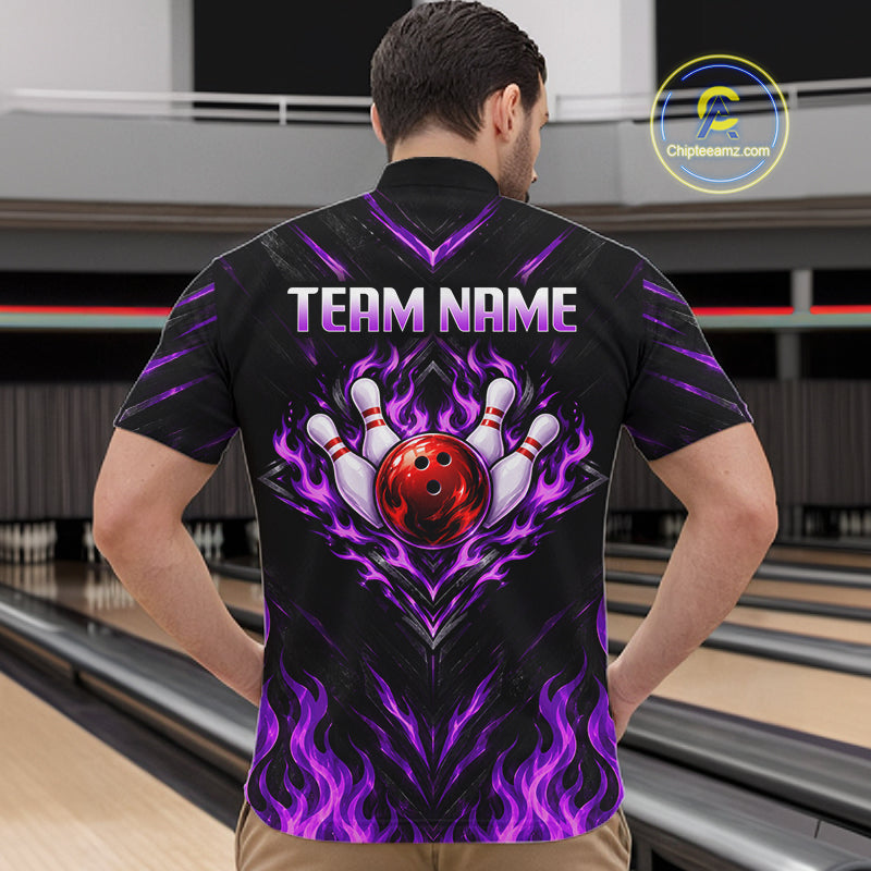 Custom Men Bowling Polo Shirt, Purple Flame Bowling Shirt, Personalized Name Team Bowling Polo NHT1570