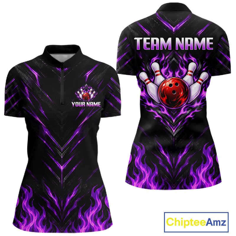Custom Women Bowling Polo Shirt, Purple Flame Bowling Shirt, Personalized Name Team Bowling Polo NHT1570