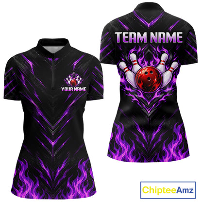 Custom Women Bowling Polo Shirt, Purple Flame Bowling Shirt, Personalized Name Team Bowling Polo NHT1570