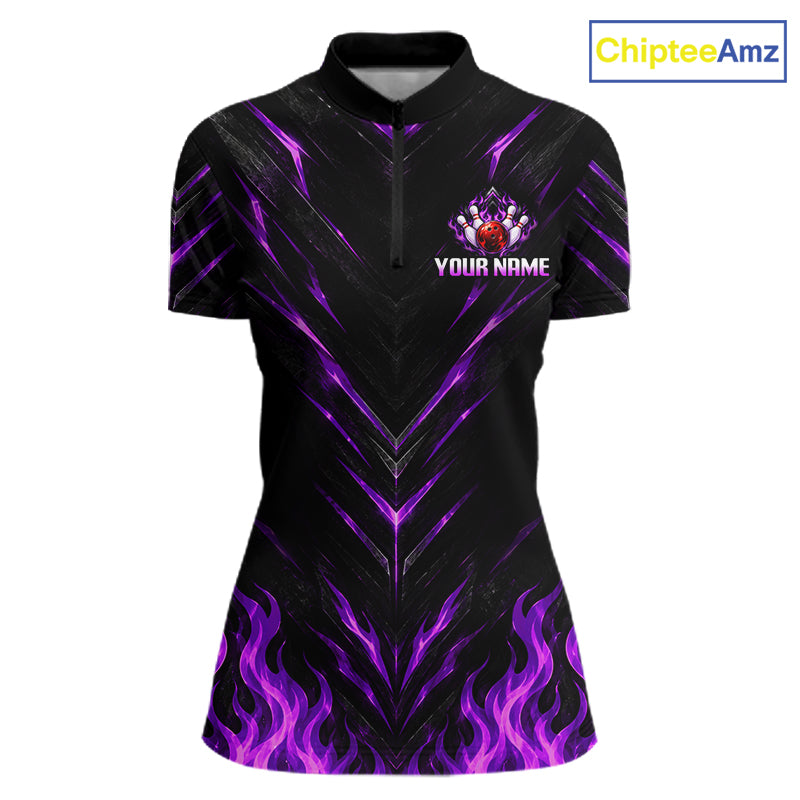 Custom Women Bowling Polo Shirt, Purple Flame Bowling Shirt, Personalized Name Team Bowling Polo NHT1570