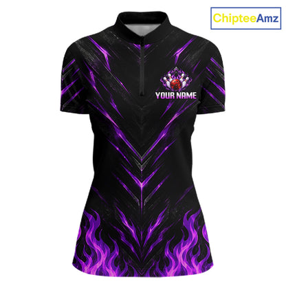 Custom Women Bowling Polo Shirt, Purple Flame Bowling Shirt, Personalized Name Team Bowling Polo NHT1570