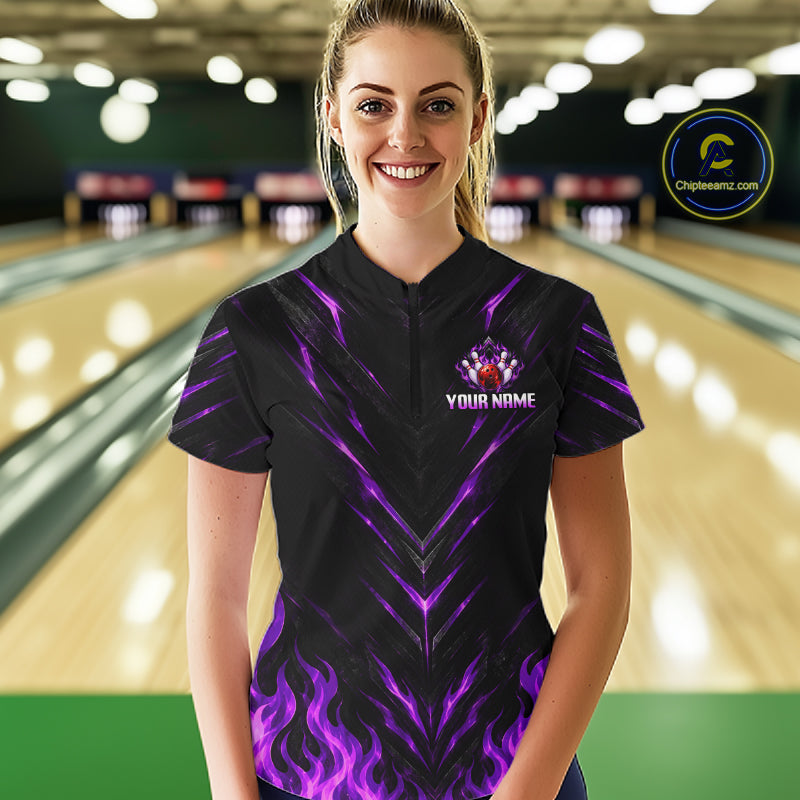 Custom Women Bowling Polo Shirt, Purple Flame Bowling Shirt, Personalized Name Team Bowling Polo NHT1570