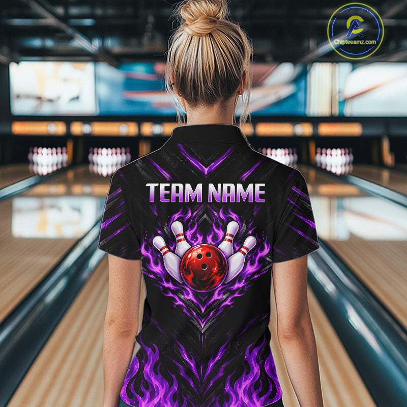 Custom Women Bowling Polo Shirt, Purple Flame Bowling Shirt, Personalized Name Team Bowling Polo NHT1570