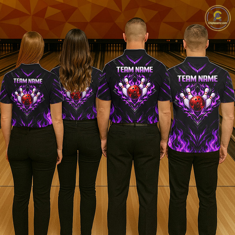Custom Women Bowling Polo Shirt, Purple Flame Bowling Shirt, Personalized Name Team Bowling Polo NHT1570