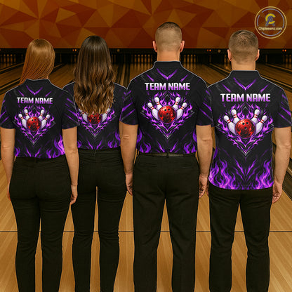 Custom Women Bowling Polo Shirt, Purple Flame Bowling Shirt, Personalized Name Team Bowling Polo NHT1570