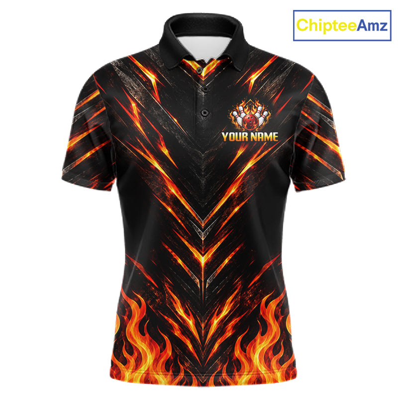 Custom Men Bowling Polo Shirt, Flame Bowling Shirt, Personalized Name Team Bowling Polo NHT1571