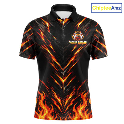 Custom Men Bowling Polo Shirt, Flame Bowling Shirt, Personalized Name Team Bowling Polo NHT1571
