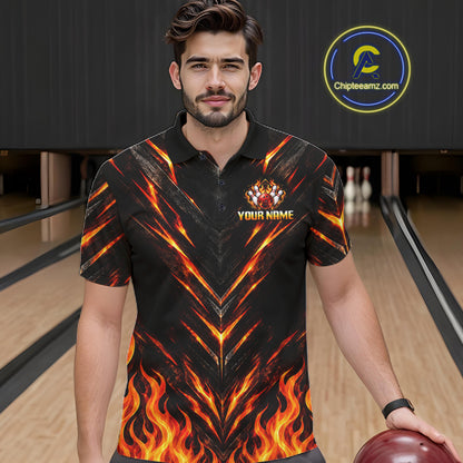 Custom Men Bowling Polo Shirt, Flame Bowling Shirt, Personalized Name Team Bowling Polo NHT1571