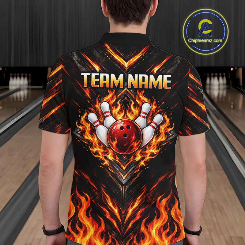 Custom Men Bowling Polo Shirt, Flame Bowling Shirt, Personalized Name Team Bowling Polo NHT1571