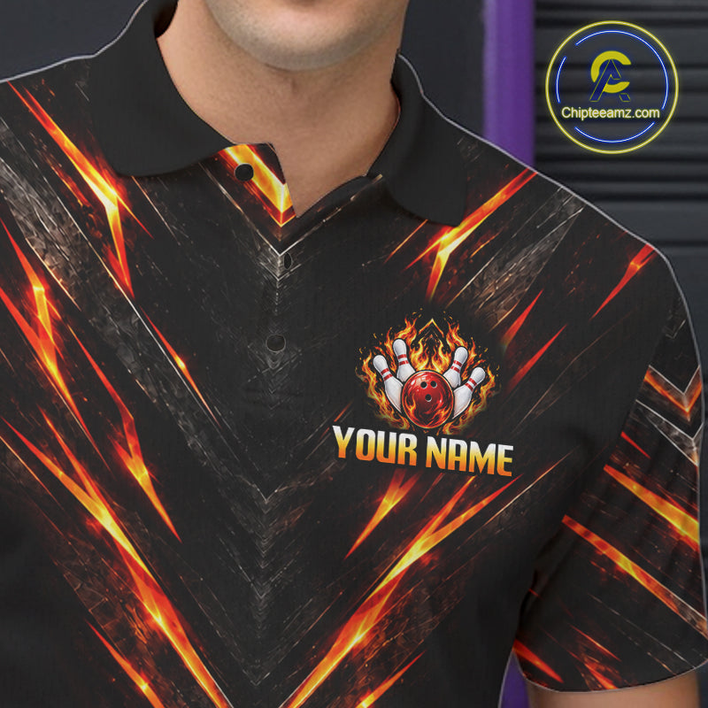 Custom Men Bowling Polo Shirt, Flame Bowling Shirt, Personalized Name Team Bowling Polo NHT1571