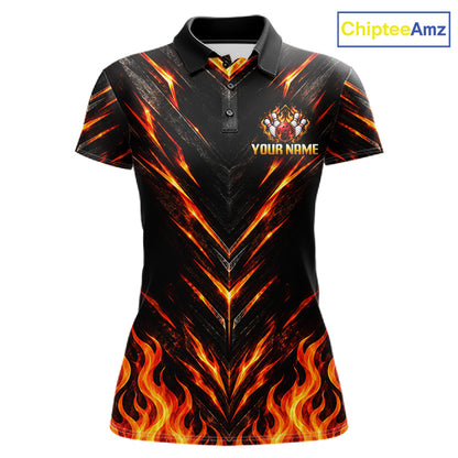 Custom Women Bowling Polo Shirt, Flame Bowling Shirt, Personalized Name Team Bowling Polo NHT1571