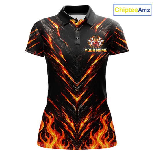 Custom Women Bowling Polo Shirt, Flame Bowling Shirt, Personalized Name Team Bowling Polo NHT1571