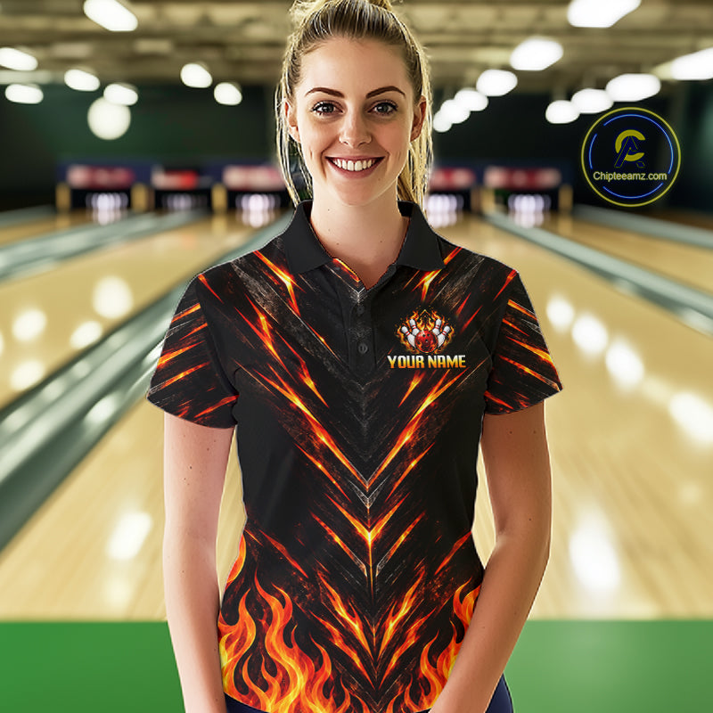 Custom Women Bowling Polo Shirt, Flame Bowling Shirt, Personalized Name Team Bowling Polo NHT1571