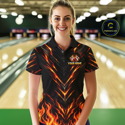 Custom Women Bowling Polo Shirt, Flame Bowling Shirt, Personalized Name Team Bowling Polo NHT1571