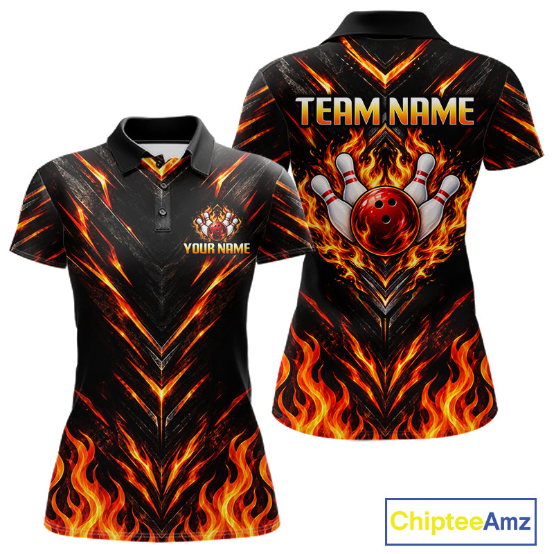 Custom Women Bowling Polo Shirt, Flame Bowling Shirt, Personalized Name Team Bowling Polo NHT1571