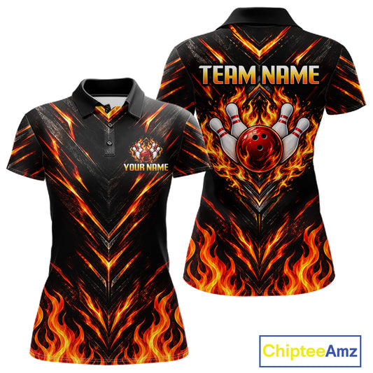 Custom Women Bowling Polo Shirt, Flame Bowling Shirt, Personalized Name Team Bowling Polo NHT1571