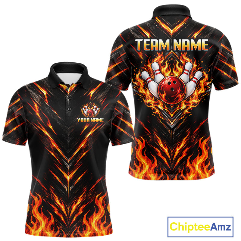 Custom Men Bowling Polo Shirt, Flame Bowling Shirt, Personalized Name Team Bowling Polo NHT1571