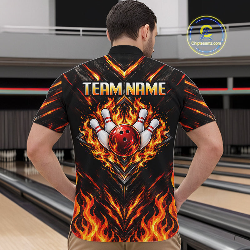 Custom Men Bowling Polo Shirt, Flame Bowling Shirt, Personalized Name Team Bowling Polo NHT1571