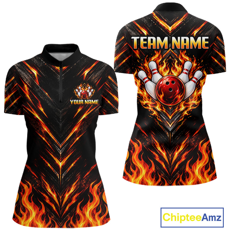 Custom Women Bowling Polo Shirt, Flame Bowling Shirt, Personalized Name Team Bowling Polo NHT1571