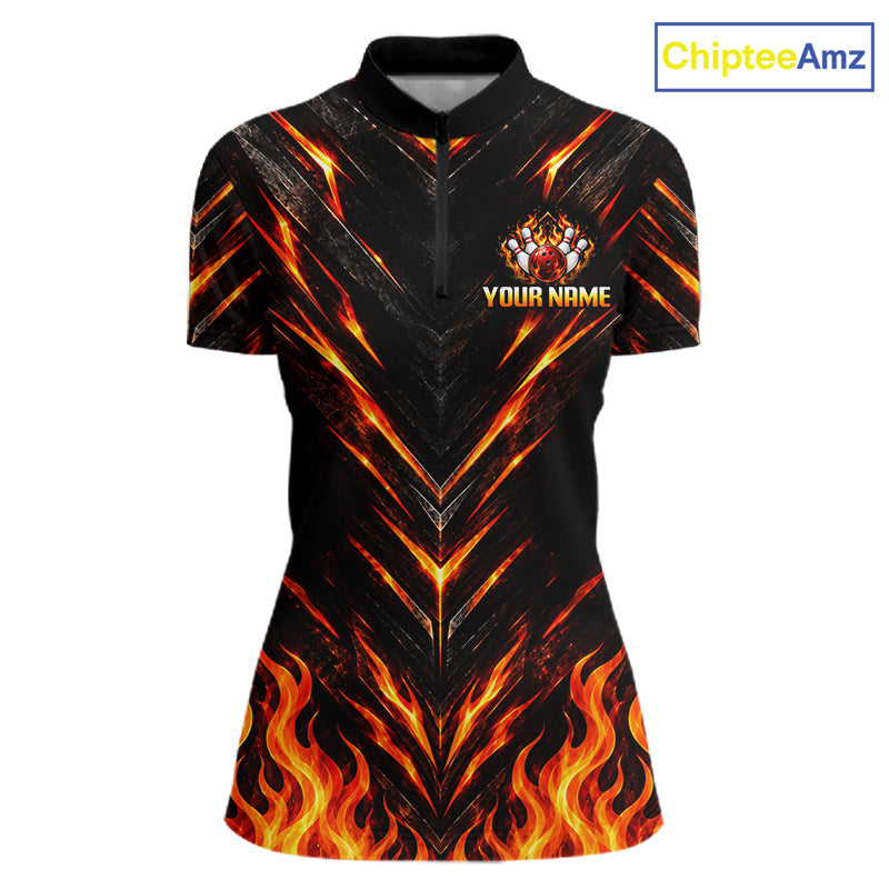 Custom Women Bowling Polo Shirt, Flame Bowling Shirt, Personalized Name Team Bowling Polo NHT1571
