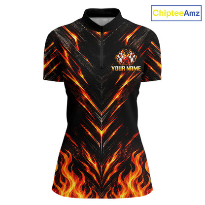 Custom Women Bowling Polo Shirt, Flame Bowling Shirt, Personalized Name Team Bowling Polo NHT1571