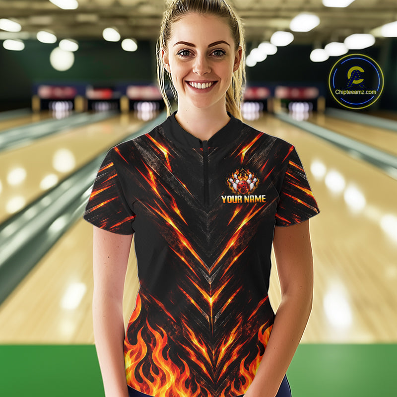 Custom Women Bowling Polo Shirt, Flame Bowling Shirt, Personalized Name Team Bowling Polo NHT1571