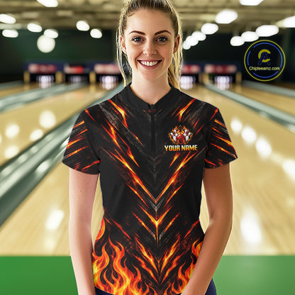 Custom Women Bowling Polo Shirt, Flame Bowling Shirt, Personalized Name Team Bowling Polo NHT1571