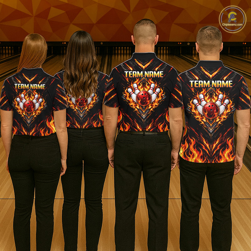 Custom Women Bowling Polo Shirt, Flame Bowling Shirt, Personalized Name Team Bowling Polo NHT1571
