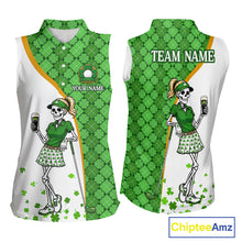 Load image into Gallery viewer, Custom St. Patrick's Day Womens Sleeveless Golf Polo Shirt – Lucky Shamrock Skeleton Golfer Team Uniform 