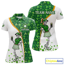 Load image into Gallery viewer, Custom St. Patrick's Day Womens Golf Polo Shirt – Shamrock Skeleton Lady Golfer Personalized Team 