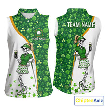 Load image into Gallery viewer, Custom St. Patrick's Day Womens Sleeveless Golf Polo Shirt – Shamrock Skeleton Lady Golfer Personalized Team 