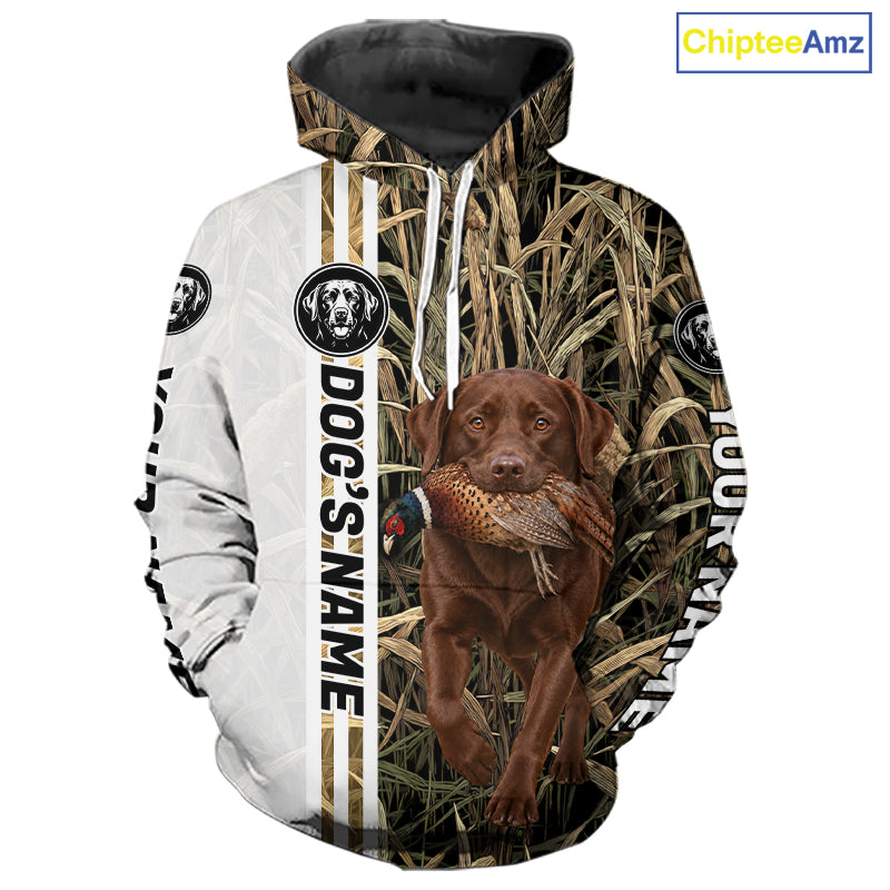 Personalized Chocolate Labrador Retriever Pheasant Hunting 3D Shirt, Custom Name Hunter Camo Graphic NHT1573