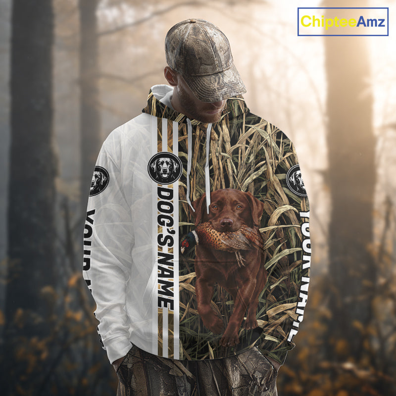 Personalized Chocolate Labrador Retriever Pheasant Hunting 3D Shirt, Custom Name Hunter Camo Graphic NHT1573