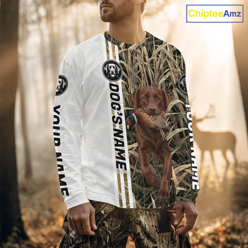 Personalized Chocolate Labrador Retriever Pheasant Hunting 3D Shirt, Custom Name Hunter Camo Graphic NHT1573