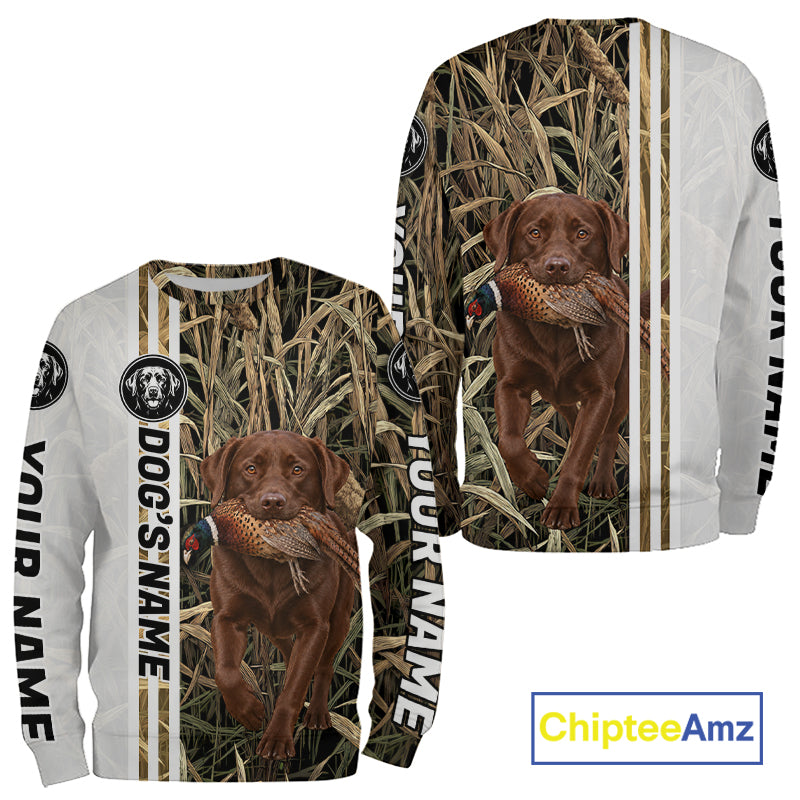Personalized Chocolate Labrador Retriever Pheasant Hunting 3D Shirt, Custom Name Hunter Camo Graphic NHT1573