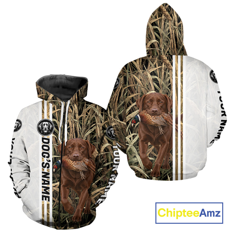 Personalized Chocolate Labrador Retriever Pheasant Hunting 3D Shirt, Custom Name Hunter Camo Graphic NHT1573