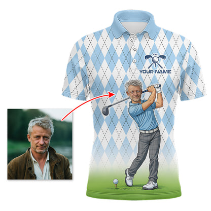 Personalized Argyle Style Funny Mens Golf Polo Shirt – Custom Face Portrait Cartoon Design NHT583
