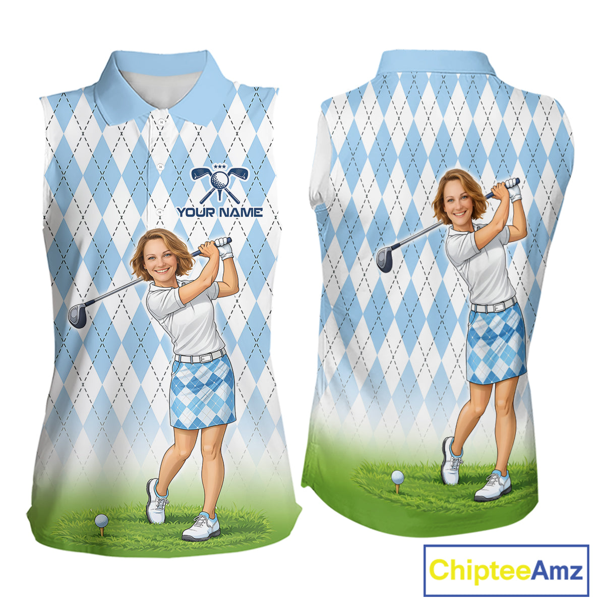 Personalized Argyle Style Funny Womens Sleeveless Golf Polo Shirt – Custom Face Portrait Cartoon Design NHT583