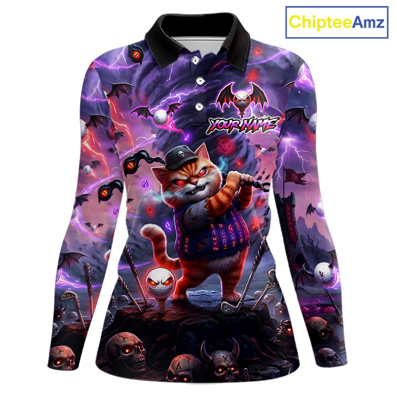Personalized Womens Golf Polo Shirts Angry Cat Golfer Gothic Lightning Theme Team Name Shirt NHT803
