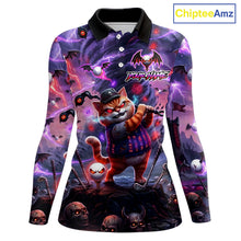 Load image into Gallery viewer, Personalized Womens Golf Polo Shirts Angry Cat Golfer Gothic Lightning Theme Team Name Shirt NHT803