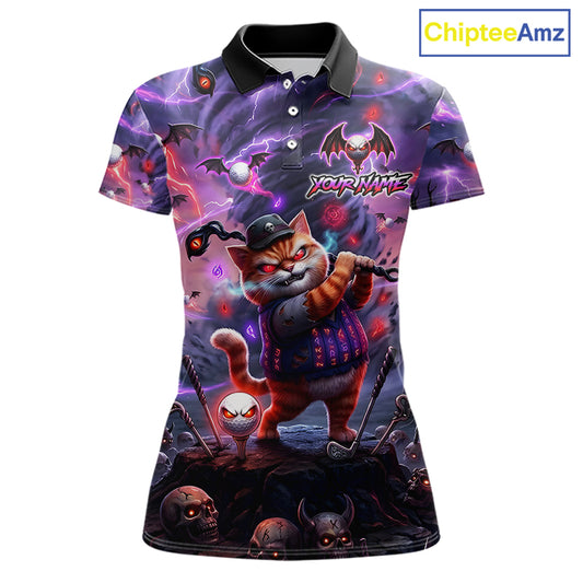 Personalized Womens Golf Polo Shirts Angry Cat Golfer Gothic Lightning Theme Team Name Shirt NHT803